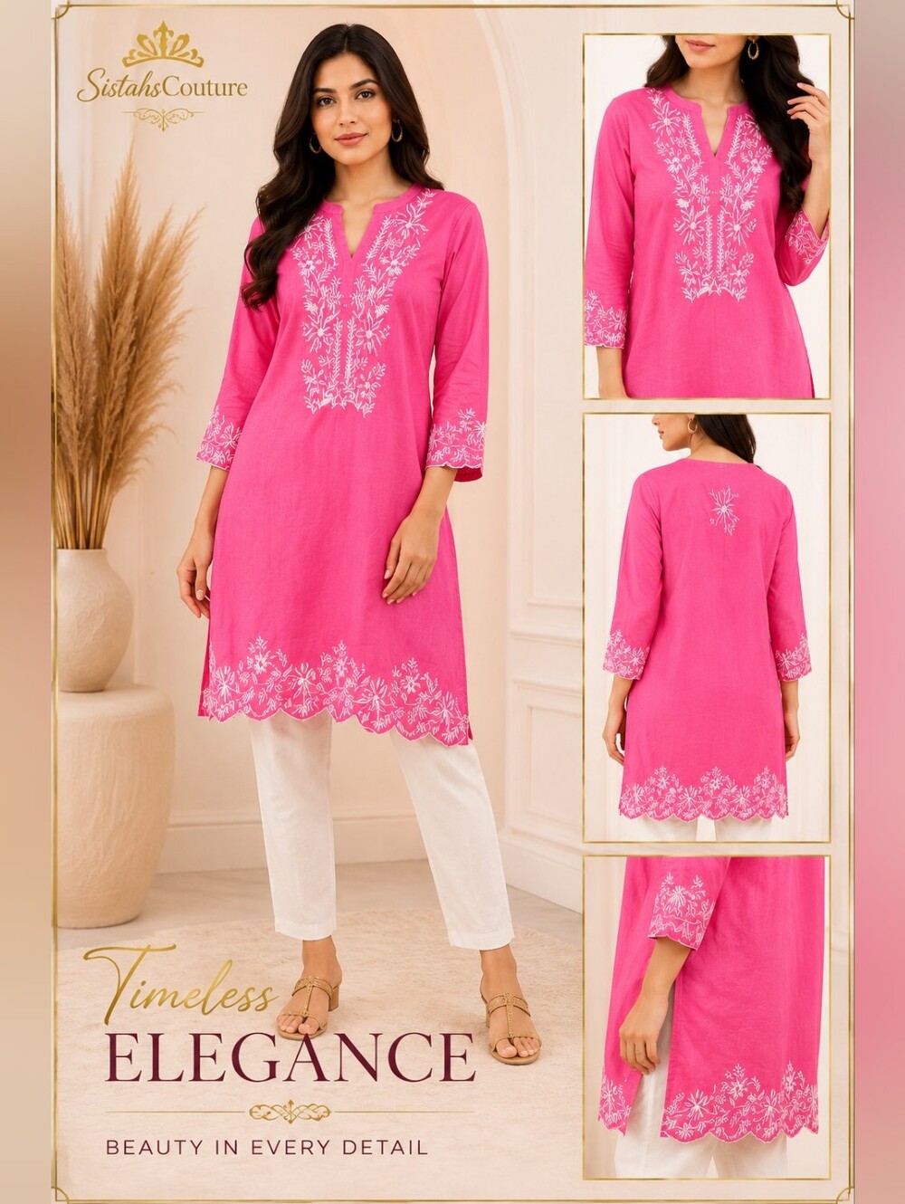 Murmur Pink Embroidered Kurta Top | White Floral Embroidery | Boho Indian Tunic